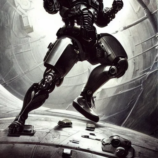 Prompt: a muscular, athletic cyborg assassin in skin - tight futuristic armor in an abandoned space station, skull face, berserk, metal claws, futuristic gun, leaping, attacking, full body, frank frazetta