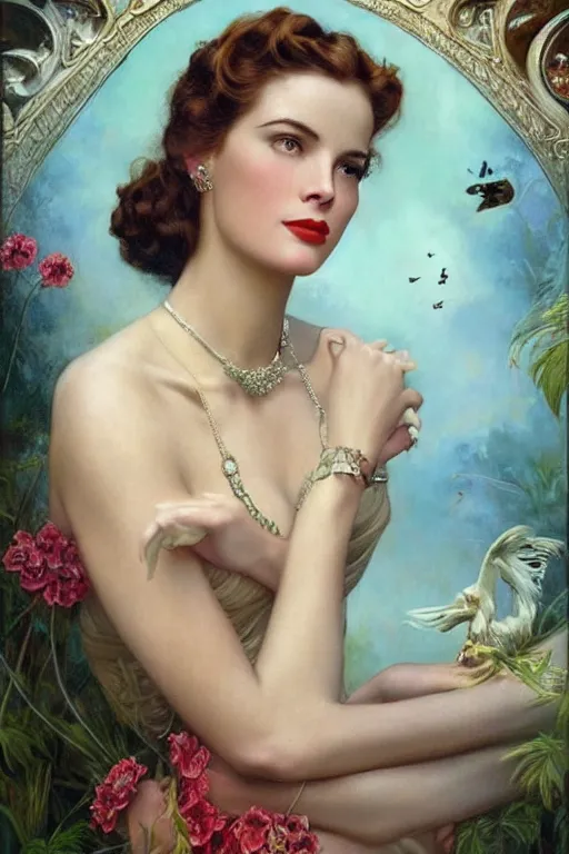 Image similar to A young and extremely beautiful Grace Kelly explaining the birds and the bees by Tom Bagshaw in the style of a modern Gaston Bussière, art nouveau, art deco, surrealism. Extremely lush detail. Perfect composition and lighting. Profoundly surreal. Sultry look on her face.