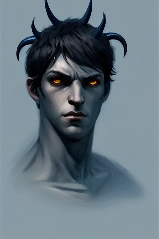 Image similar to character design portrait of a sad dark blue tiefling boy with horns and dark hair and pitch black hollow eyes, soft rounded face, black eyes black eyes by Greg Rutkowski, concept art, sharp focus, illustration, intricate, highly detailed