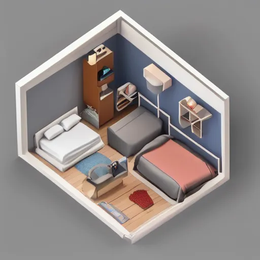 Prompt: ikea room interior of an isometric low - poly 3 d bedroom, soft lighting