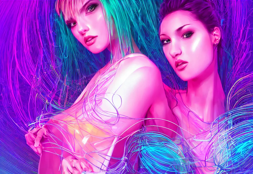 Image similar to a award winning half body portrait of a beautiful woman in a croptop and cargo pants with ombre purple pink teal hairstyle surrounded by whirling illuminated lines, outrun, vaporware, shaded flat illustration, digital art, trending on artstation, highly detailed, fine detail, intricate, sensual, elegant, seductive
