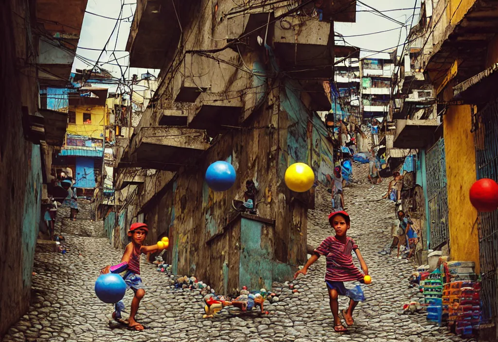 Image similar to photorealistic favela rocinha rio de janeiro with precise rendered alleys with intricate details of gun happy people in alley close view of kid playing with colorful ball and flying kit by Justin Gerard