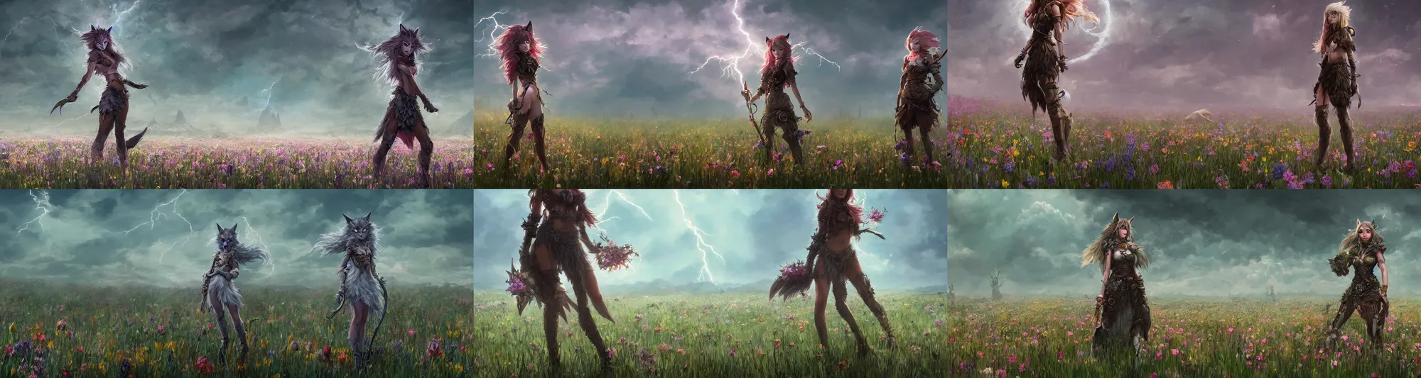 Prompt: A high fantasy wolf girl standing in the middle of the field of flowers, by Eddie Mendoza, official media, beautiful, detailed, high quality, wallpaper 4K, epic, trending on artstation and behance, dynamic lightning