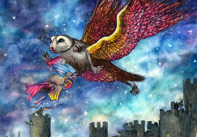 Image similar to legendary colorful winged possum flying over a medieval castle under a dark starred sky, dark fantasy, watercolor, dreaming illusion, highly detailed, 4k, trending on Artstation, award-winning