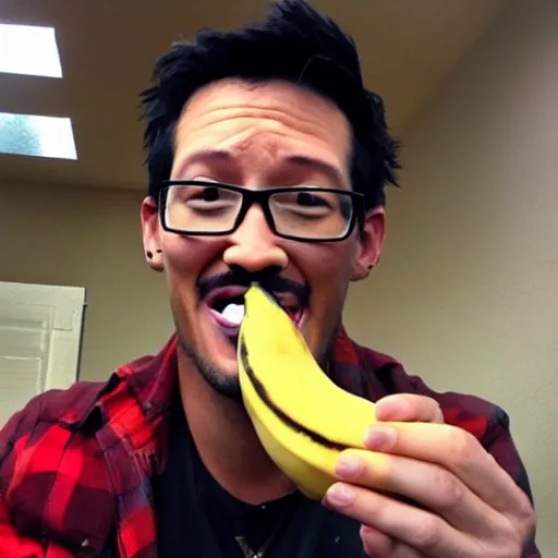 Prompt: markiplier eating a banana with tiger stripes