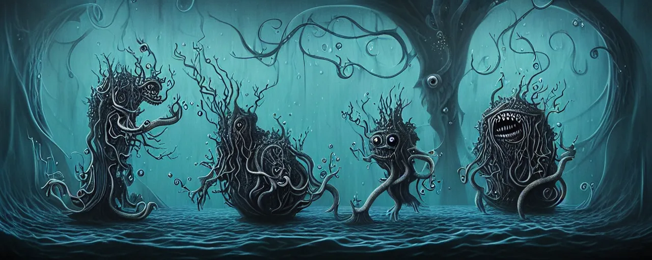 Image similar to whimsical watery alchemical monsters, surreal dark uncanny painting by ronny khalil