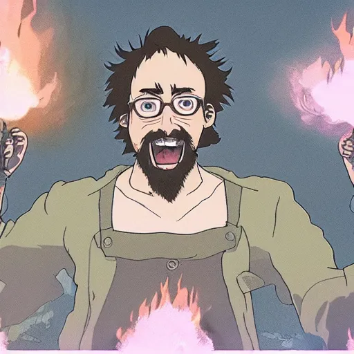 Prompt: A still of Sam Hyde in Howl's Moving Castle, in the style of studio ghibli, rule for thirds, sigma male, cinematic, 🔥, hayao miyazaki, sam hyde cartoon