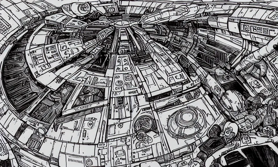 Prompt: interior of a millennium falcon from star wars, anime style, cozy, drawing, highly detailed