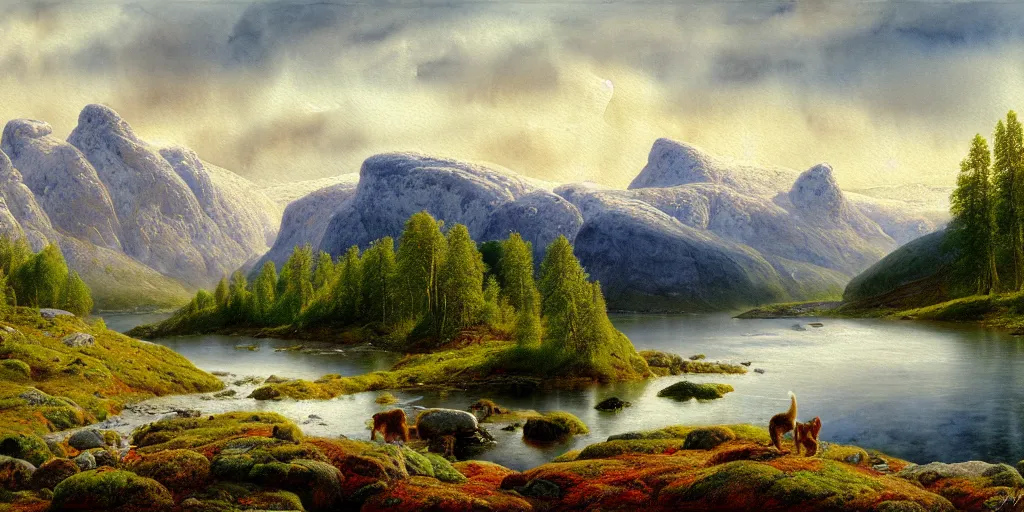 Image similar to an amazing norway landscapes glue and pva mountains, watercolor art, wool felting art, by ivan shishkin, 8 k resolution, colorful, digital art