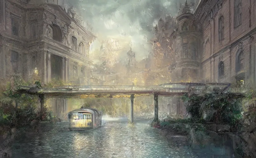 Image similar to An urban train rides inside of a waterway on a fantasy city, next to a fountain and a mystical palace. By Konstantin Razumov, Fractal flame, chiaroscuro, highly detailded