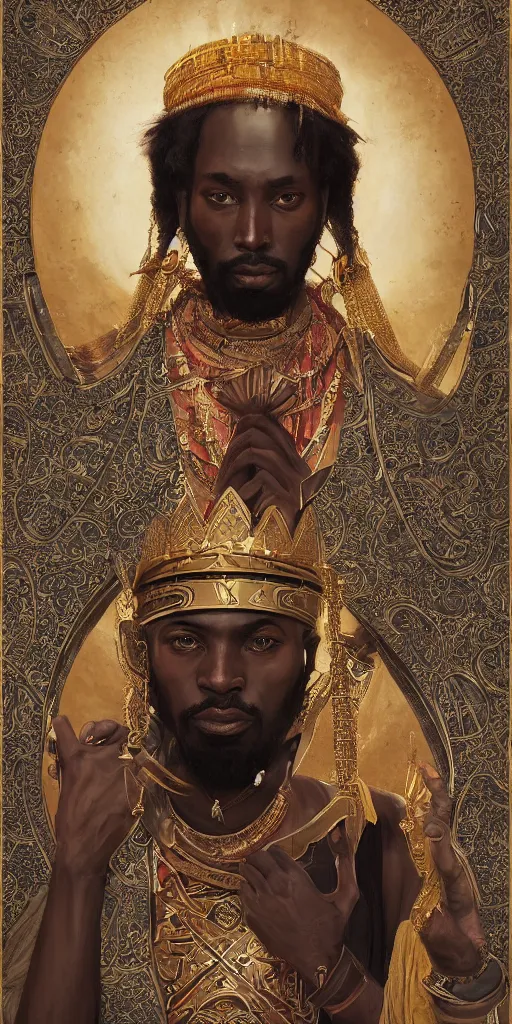 Image similar to a stunning and noble highly detailed romantic period style portrait of Mansa Musa by Josep Tapiró Baró and Greg Rutkowski, trending on artstation, oil painting masterpiece, symmetry, African iconography