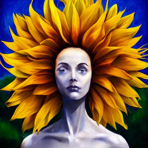 Image similar to closeup, giant sunflower head, woman standing in a luxury apartment, surreal, dramatic light, impressionist painting, digital painting, artstation, georgia o'keeffe