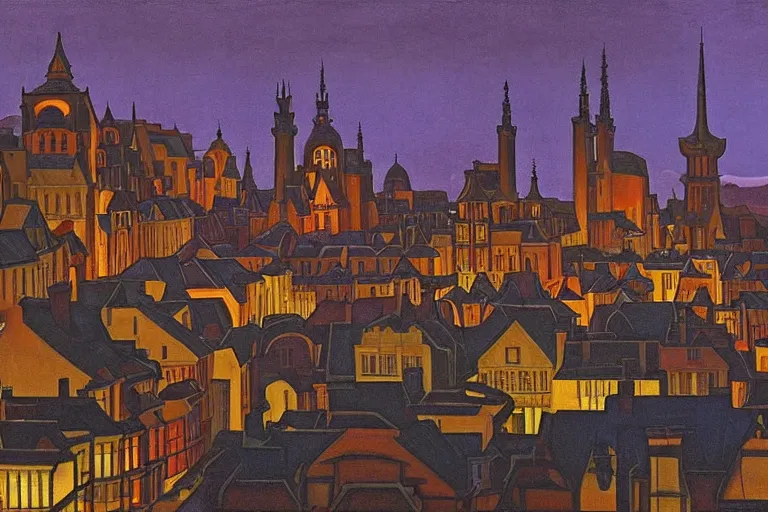 Image similar to view of the old city and its tree-lined winding streets still wet after a storm, tall windows lit up, beautiful ornamental architecture, dramatic cinematic lighting, rich colors, by Nicholas Roerich and and William Dyce and ford madox brown and April Gornik and Ludwig Deutsch and Sylvain Sarrailh , featured on artstation