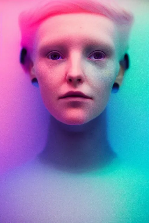 Prompt: high quality pastel coloured film close up photograph of a beautiful cyborg in an icelandic black rock!! environment in a partially haze filled dreamstate world. three point light, rainbow. photographic production. art directed. pastel colours. volumetric light. pastel gradient overlay. waves glitch artefacts. extreme facial silliness. 8 k. filmic.