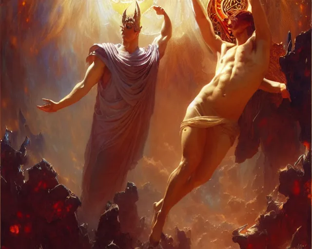 Image similar to attractive male deity, casting demonic magic, summoning handsome lucifer morning star. highly detailed painting by gaston bussiere, craig mullins, j. c. leyendecker 8 k