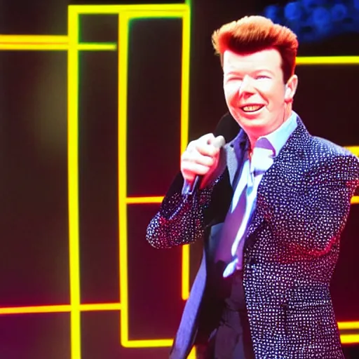 Prompt: rick astley's dance is shown on the tv screens, screens everywhere