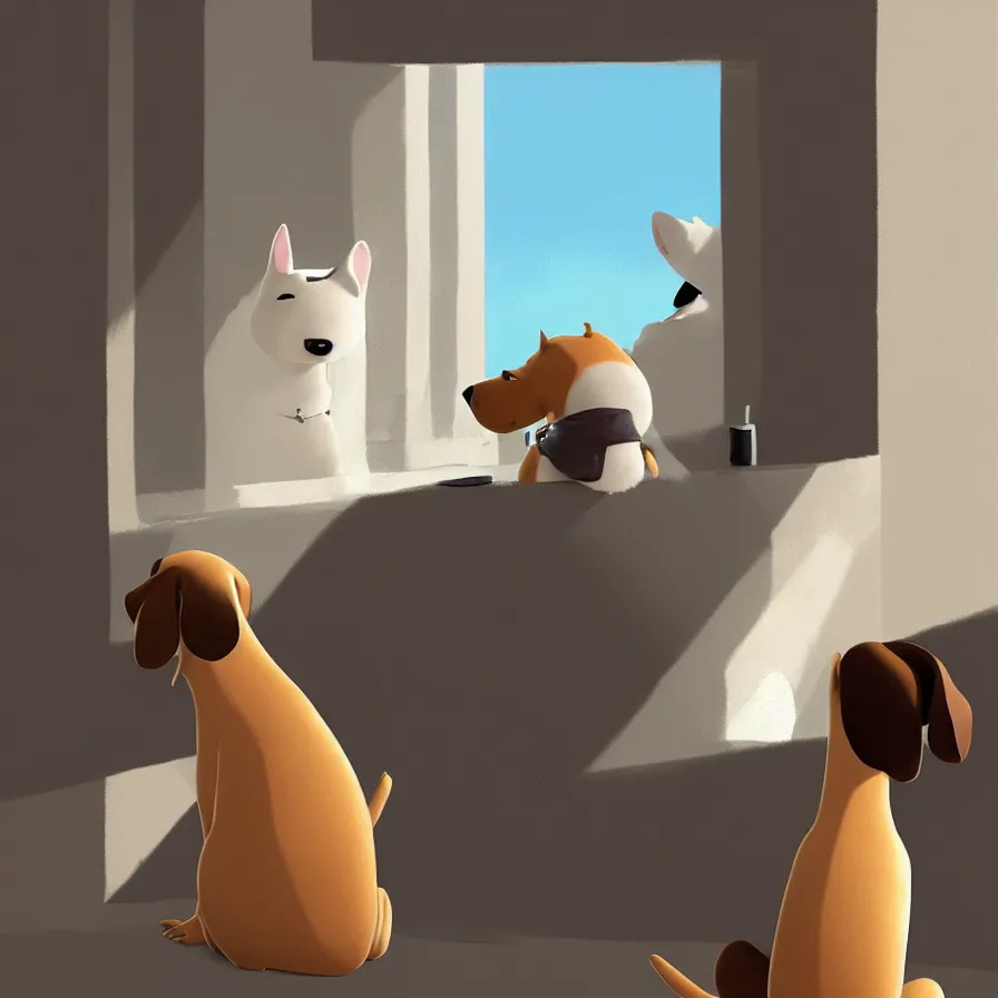 Image similar to Goro Fujita illustrating View from behind of a brown and white dog sitting, ears up and tail active, watching the living room window, There's only one dog! only one dog! only one dog! only one dog, art by Goro Fujita, sharp focus, highly detailed, ArtStation