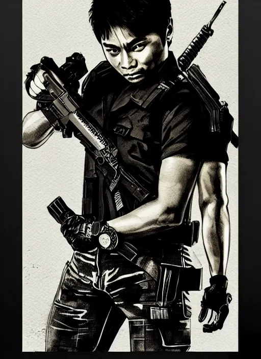 Image similar to coco martin from ang probinsyano in a poster shot, in the style of yoji shinkawa, ink on paper, gritty, dark hues