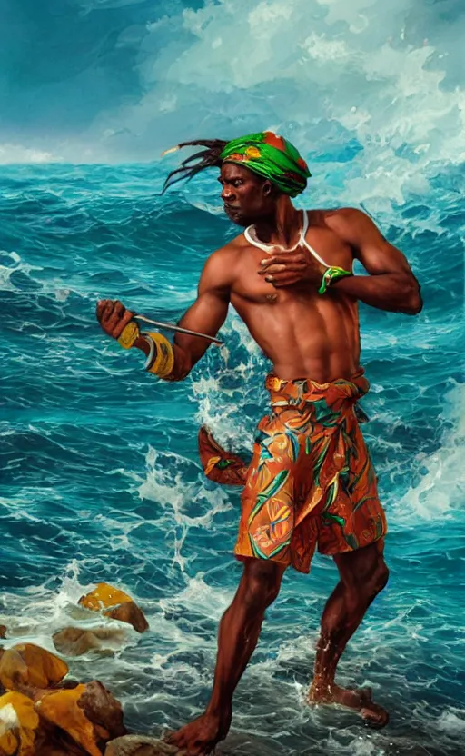 Image similar to Jamaican fisherman wearing calico cloth and posing in a battle stance in the Jamaican sea, style by Ross Tran and Artgerm and Peter Mohrbacher