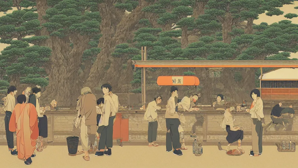 Prompt: There was a bar that ran out of water, everyone was thirsty and was drinking orange juice and other soft drinks to satiate their thirst, screen print by Kawase Hasui and dan hillier, 8k unreal engine