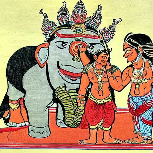 Image similar to comic book illustration of a muscular lord shiva removing the head of his son ganesha, holding an elephant head on his hand