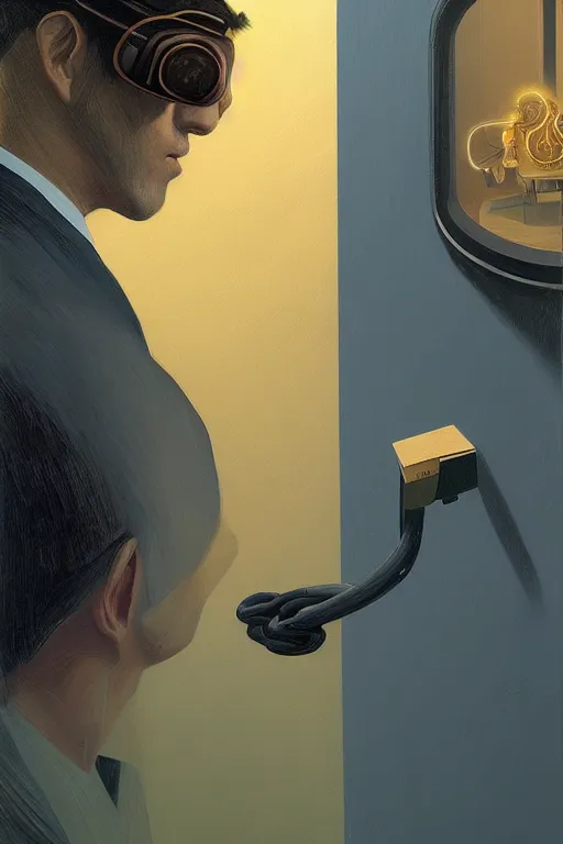 Image similar to Satoshi Nakamoto wearing Oculus and bitcoin over his head Edward Hopper and James Gilleard, Zdzislaw Beksisnski, higly detailed