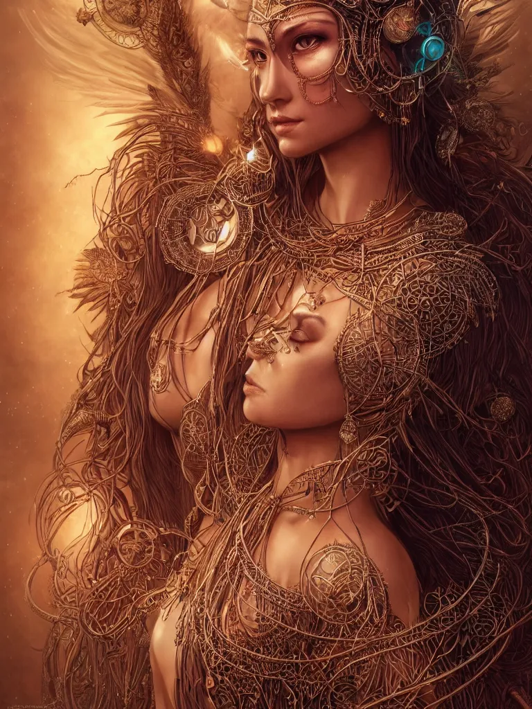 Prompt: a centered render of a single alluring mystical tribal goddess adorned with feathers and gemstones and cables and synthesizer parts is surrounded by sacred geometry made from elven architecture, full body, gorgeous face, perfect face, powerful, cinematic, beautifully lit, by artgerm, by karol bak, 3 d, trending on artstation, octane render, 8 k