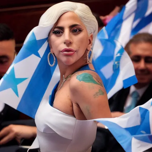 Prompt: Lady Gaga in the Argentine congress, Flags of Argentina behind, bokeh, detailed, hd, as Cristina Kirchner
