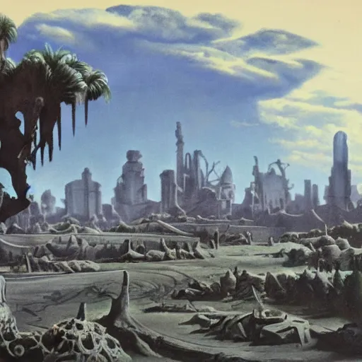 Image similar to 1 9 4 8 unused disney matte painting of a wasteland with the ruins of a modern city in the distance.