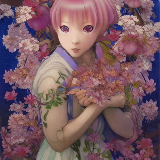 Image similar to a japanese girl as flower maiden, anime key visual, by annie swynnerton and tino rodriguez and charlie bowater and tom bagshaw and nicholas roerich and jean delville and evelyn de morgan and lucien freud, dramatic lighting, floral tattoos, rich colors, smooth sharp focus, extremely detailed, adolf wolfli