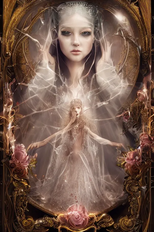 Image similar to Atmospheric detailed photography of a beautiful magician , wearing crystal fractal tiara, Symmetrical composition, fantasy long intricate gown, sharp focus, octane render, high quality, 8k, volumetric lighting, color grading, by Tom Bagshaw and James Jean and Artgerm