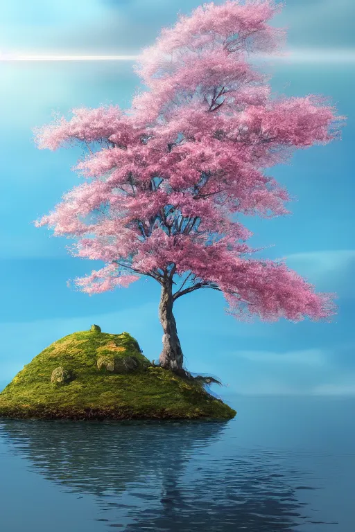 Prompt: a single alone sakura tree growing upon an island in a lake, cherry blossoms, illustration, light beams, simple, minimalist, digital art, oil painting, fantasy, 8 k, trending on artstation, detailed