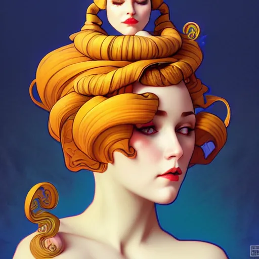 Image similar to curvy woman with a bundt cake head, digital art, cinematic, concept art, 8k, painting, imaginefx, cgsociety, art nouveau, Alphonse Mucha, trending on artstation, medium shot, head shot