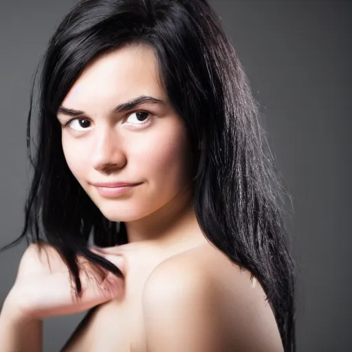 Image similar to young woman with shoulder - length messy black hair, slightly smiling, 1 3 5 mm nikon portrait