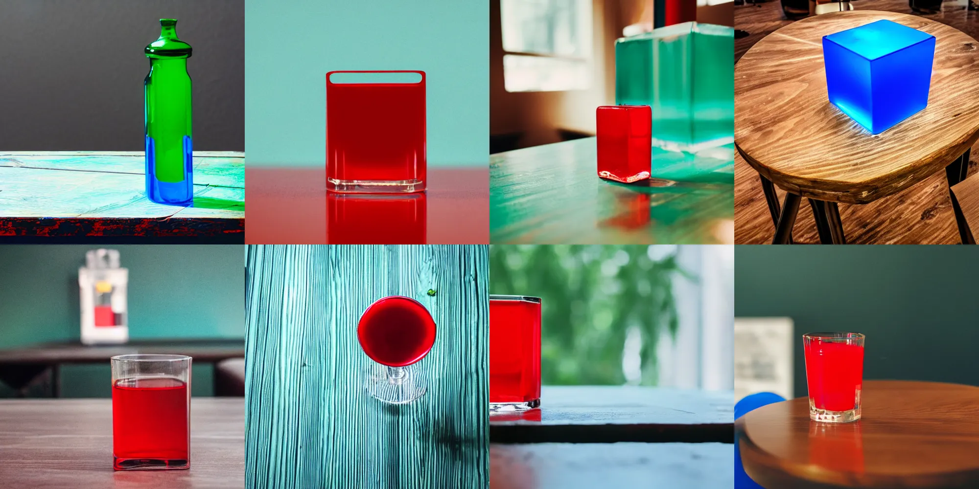 Prompt: a glass with red liquid stands over a blue cube on top of a green wooden table