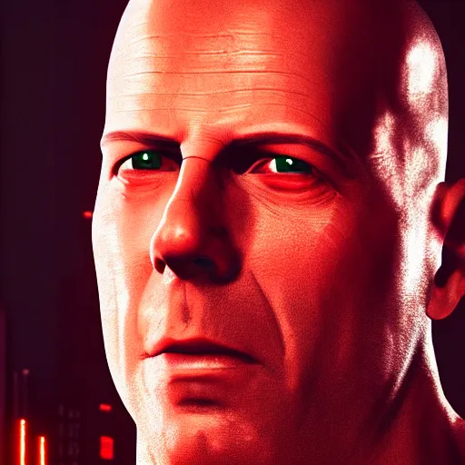 Image similar to bruce willis portrait, cyberpunk 2 0 7 7, cyberpsycho, photorealistic, ultra detailed, neon, octane, bokeh, cyber, cyberpunk city, feature, scars, cyberface, 8 k