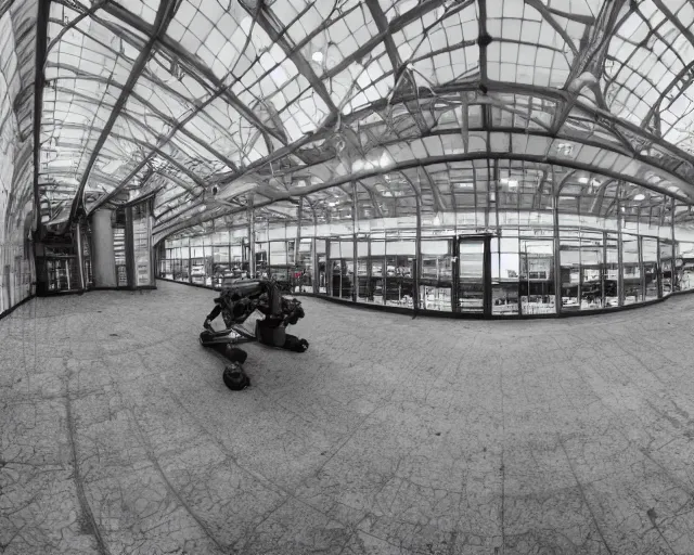 Prompt: camera footage of a Large Spot Robot in an abandoned shopping mall, high exposure, dark, monochrome, camera, grainy, CCTV, security camera footage, timestamp, zoomed in, fish-eye lense, Robot, Drone, Titan,