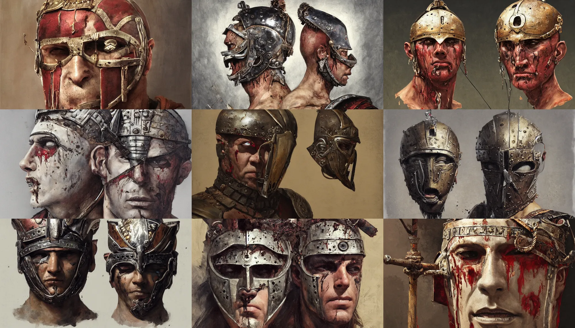 Prompt: A mixed media portrait painting of a man wearing the roman gladiator mask-of-Damocles, detailed mask, detailed jaw and eyes, detailed head and shoulders, dried blood, by Frank Frazetta, Greg Rutkowski, Beeple, Yoko Taro, Christian MacNevin, epic fantasy character art, roman numerals, high fantasy, CGsociety, full length, exquisite detail, post-processing, masterpiece, volumetric lighting, cinematic