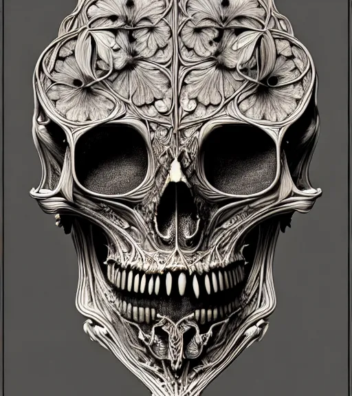 Image similar to art forms of nature by ernst haeckel, memento mori by arthur rackham, ornate antique porcelain beautiful skull mask, ultrasharp, photorealistic, hyperdetailed, octane render, polished, art nouveau, neo - gothic, gothic, intricate ornamental organic filigree, art nouveau botanicals, art forms of nature by ernst haeckel, horizontal symmetry, symbolist, visionary