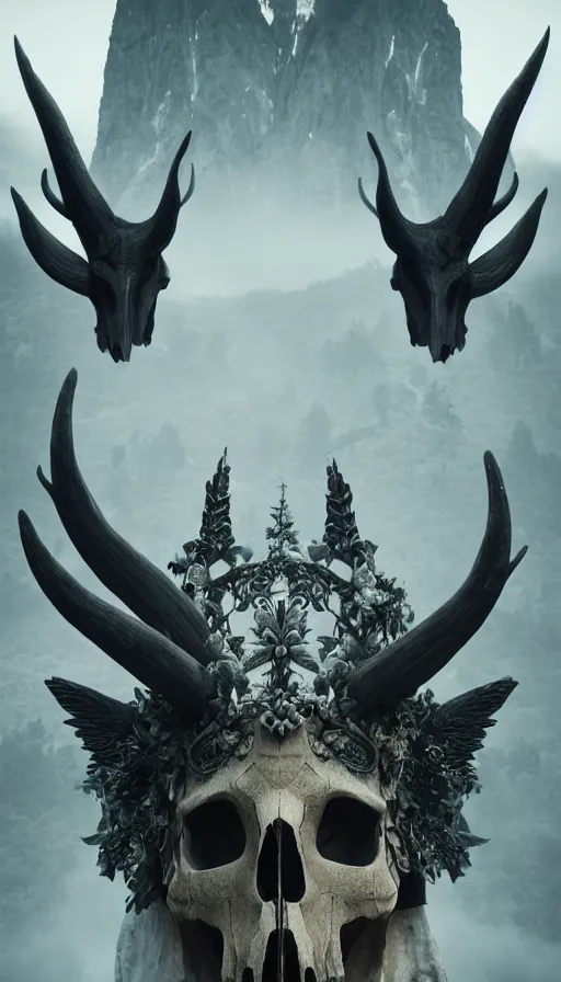 Image similar to gigantic goddess of wildlife wearing unknown animal skull mask with thousand horns looming over misty mountains forest