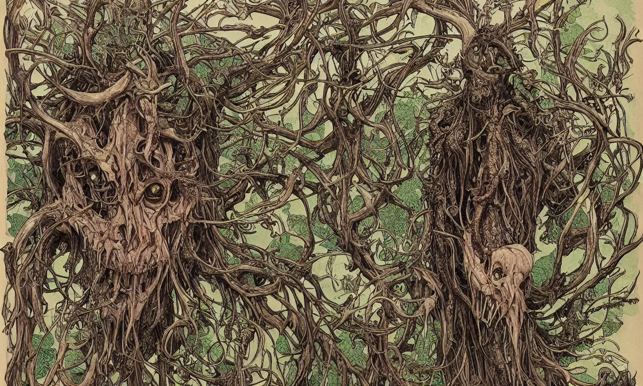 Image similar to hyperdetailed art nouveau portrait of treebeard as a cthulhu eyeball moose skull wendigo cryptid monster, by geof darrow, simon bisley and bill sienkiewicz, grim yet sparkling atmosphere, photorealism, claws, skeleton, antlers, fangs, forest, wild, bizarre, scary, lynn varley, lovern kindzierski, steve oliff