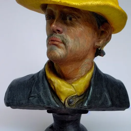 Image similar to hyper realistic closeup bust of a new england fisherman, wearing a yellow fisherman's hat, steve buscemi, painted, colorized, bossons vintage chalkware, by emile renouf