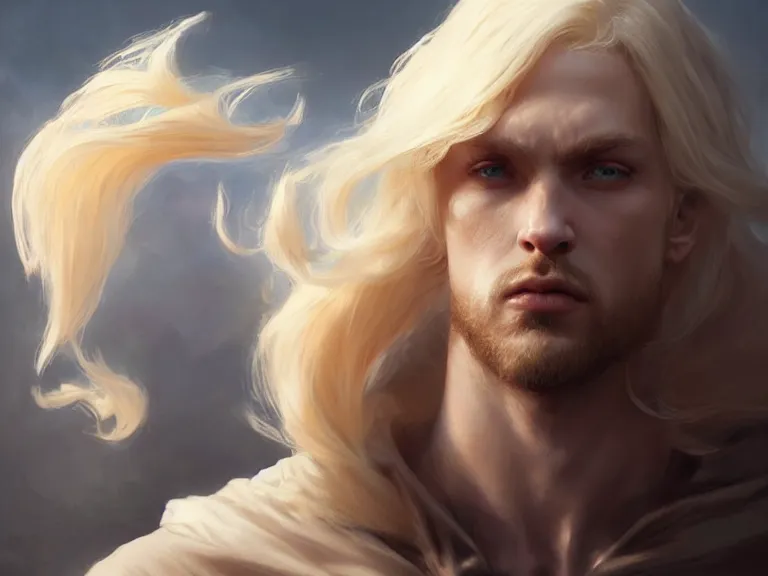 Image similar to mandor, prince of chaos character!!!, blond!!, hyperrealistic, highly detailed, cinematic, volumetric sunlight, beautiful, cgssociety, artstation, 8 k, oil painting by greg rutkowski, by artgerm, by wlop