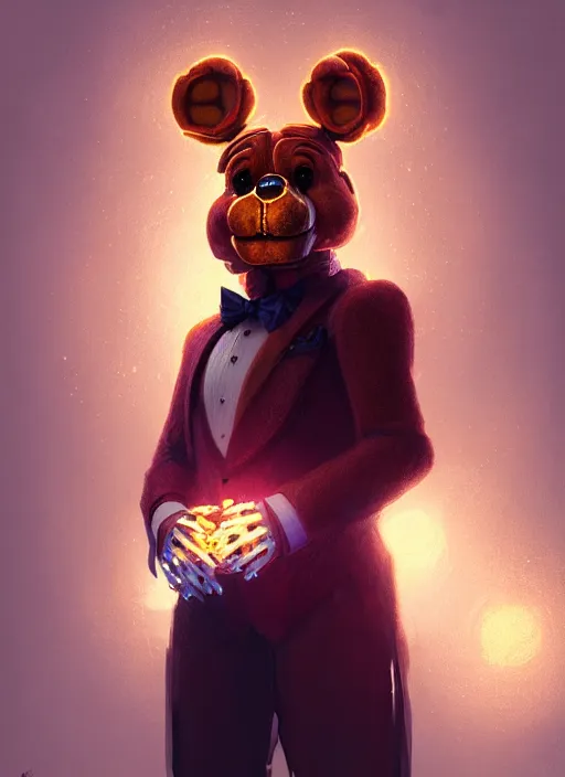 Image similar to portrait of freddy fazbear, intricate, elegant, glowing lights, highly detailed, digital painting, artstation, concept art, sharp focus, illustration, art by wlop, mars ravelo and greg rutkowski