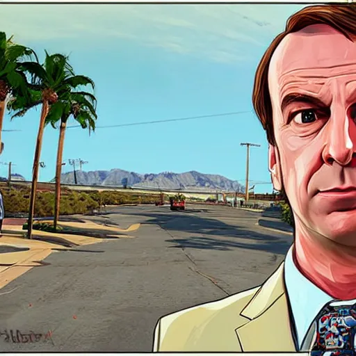 Image similar to Saul Goodman in GTA V . Los Santos in the background, palm trees. In the art style of Stephen Bliss.