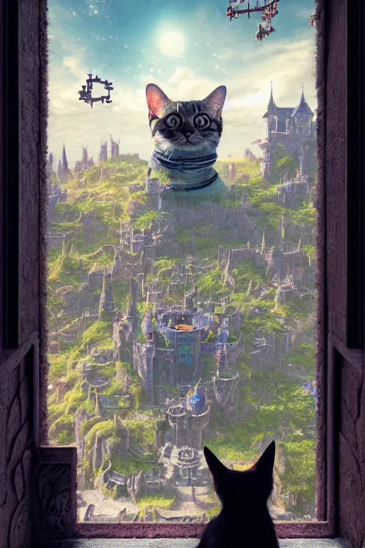 Image similar to humanoid cat looking out a castle window at his kingdom while a court jester waves at him, intricate detailed environment, photorealistic!, octane render, mechanical, concept art, cinematic lighting, digital art, interstellar, hyper realism, sharp, cyberpunk, 8 k, de dia los muertos. by angus mckie, moebius, maciej kuciara