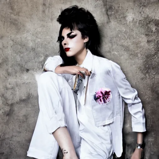 Image similar to kitsch fashion, trashy photo, androgynous people in white clothes, new age, vogue