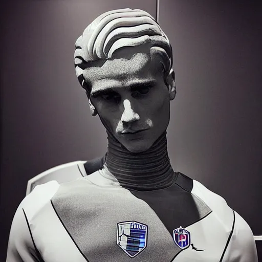 Image similar to “ a realistic detailed photo of a guy who is an attractive humanoid who is half robot and half humanoid, who is a male android, soccer player antoine griezmann, shiny skin, posing like a statue, blank stare, at the museum, on display ”