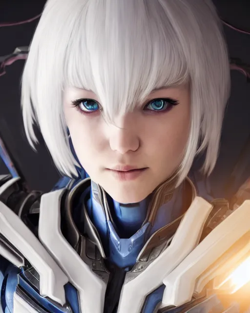 Prompt: perfect white haired girl, warframe armor, beautiful, dreamy, half asian, pretty face, blue eyes, detailed, sunny day, scifi platform, front lit, laboratory, experiment, 4 k, ultra realistic, epic lighting, cinematic, high detail, masterpiece, by masayoshi tanaka, akihiko yoshida, kazuya takahashi