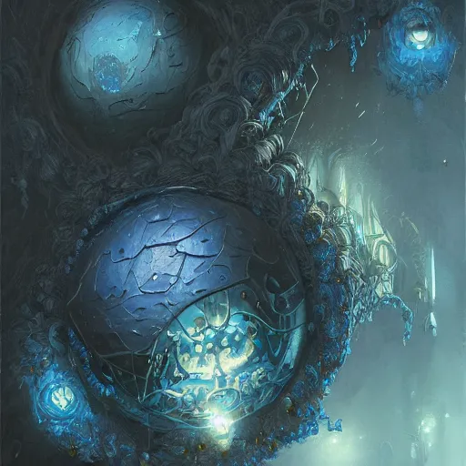 Image similar to blue plant, black background, fantasy, spherical, intricate, elegant, highly detailed, digital painting, artstation, concept art, smooth, sharp focus, illustration, art by greg rutkowski, art by seb mckinnon, art by justin gerard